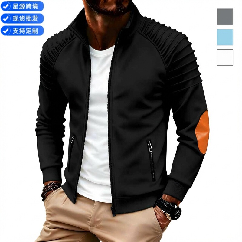 Cross-Border New European and American Men's Arm Pleated Design Jacket, Daily Casual Sports Zipper Pocket Cardigan Cross-Border New European and American Men's Arm Pleated Design Jacket, Daily Casual Sports Zipper Pocket Cardigan