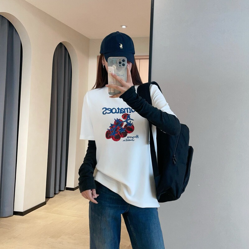 Zedaijiayi Age-Reducing Healing Hand-Painted Tomato Letter Embroidery Thickened Australian Wool Round Neck Short-Sleeve T-Shirt for Women 2026 New Model Zedaijiayi Age-Reducing Healing Hand-Painted Tomato Letter Embroidery Thickened Australian Wool Round Neck Short-Sleeve T-Shirt for Women 2026 New Model