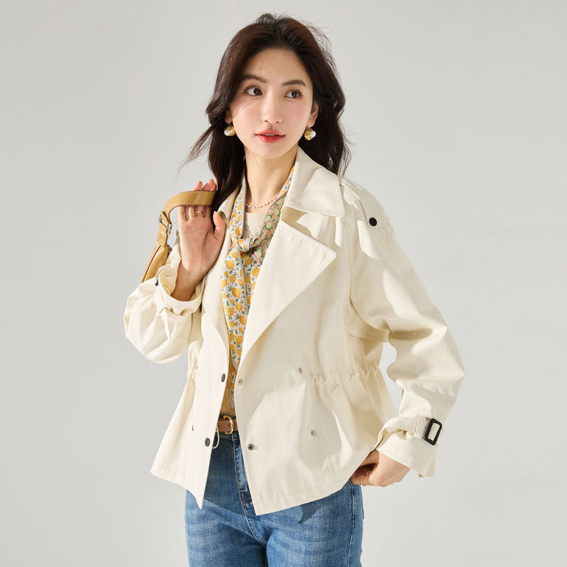 26 Spring New Short Casual Comfortable Cotton Wrinkle-Resistant High-Quality Short Drawstring Classic Trench Coat for Petite Sizes