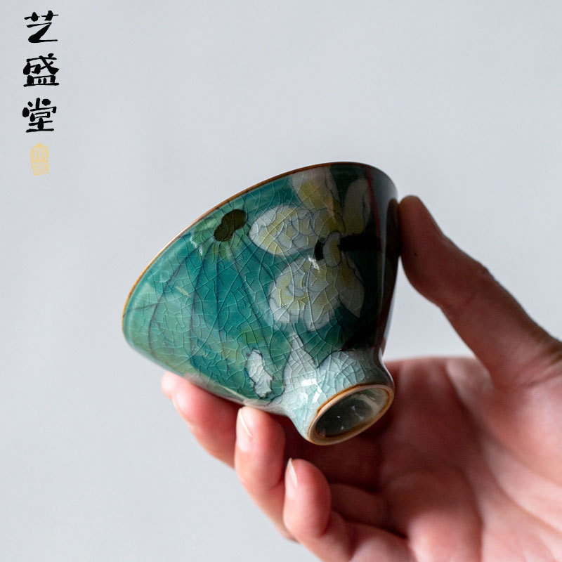 손으로 그린 얼음 갈라진 연꽃 모자 차 시음 컵 마스터 컵 홈 차 그릇 언더글레이즈 컬러 오픈 볼 쿵푸 차 세트