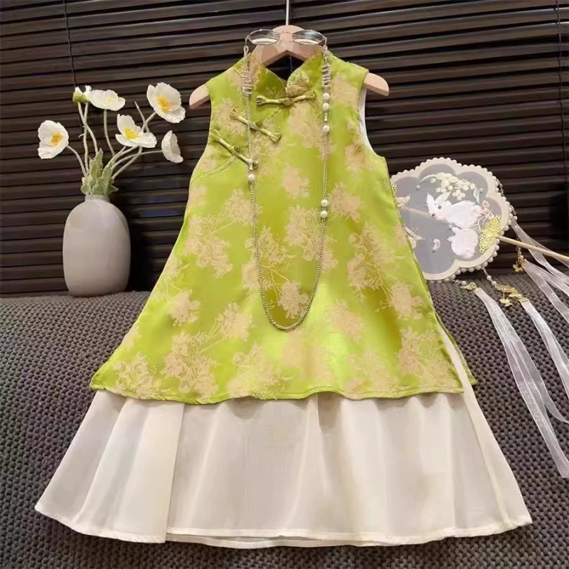 Летнее платье для девочек в китайском стиле 2025, новое детское платье для девочек с цветочным принтом, сетчатое безрукавное чонсам.