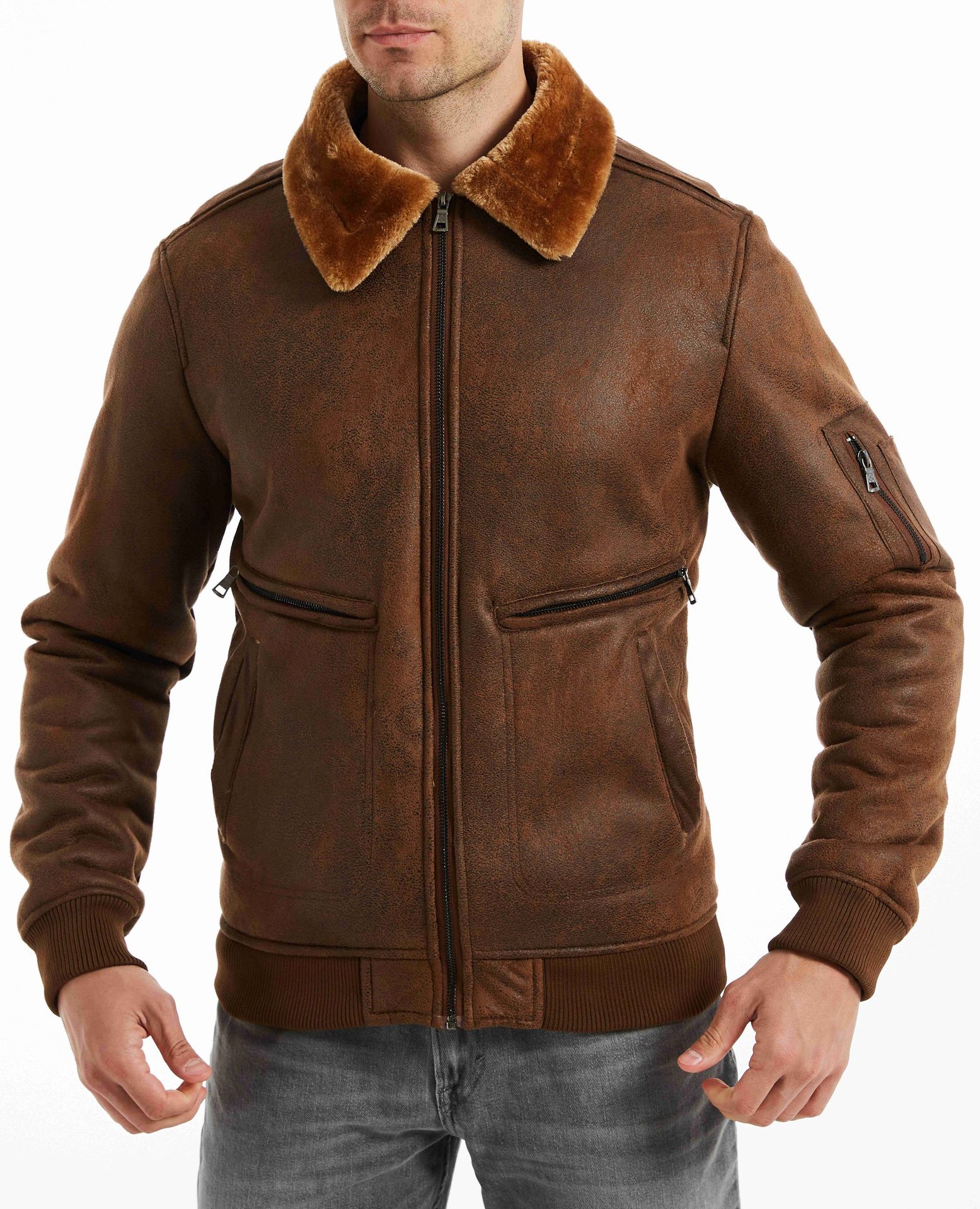 Men's Fur Lined Winter Jacket With Multi Pockets And Lapel Collar_voghion.com