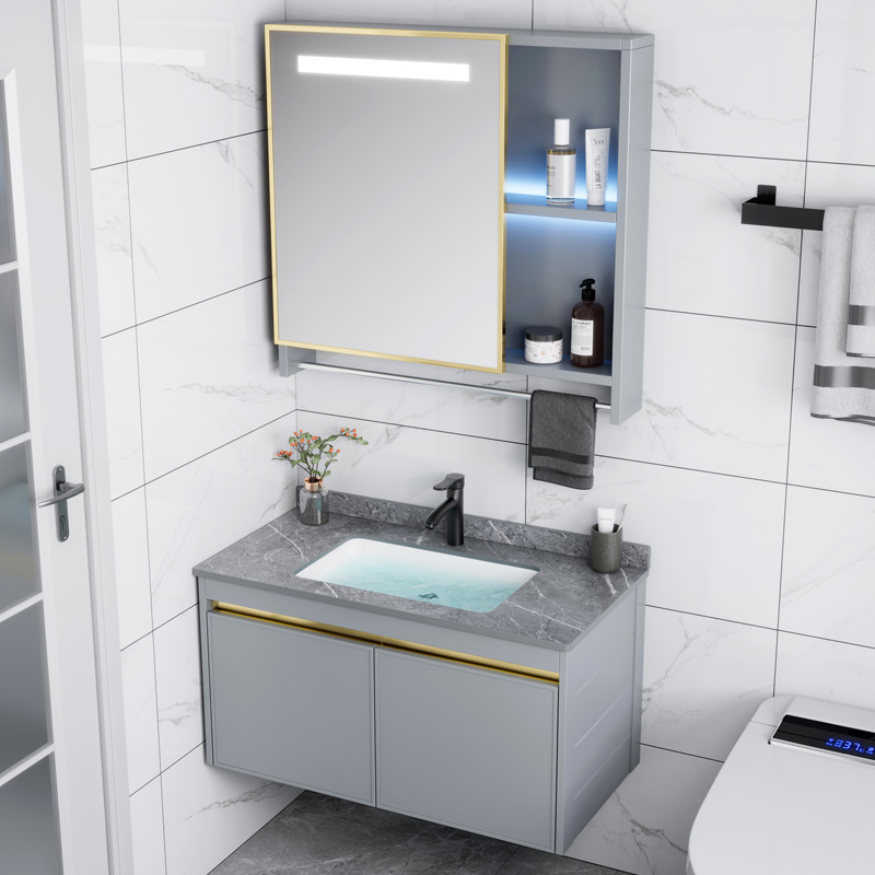Combinación de gabinete de baño de aleación de aluminio de espacio lavabo de baño lavabo de cerámica lavabo integrado lavabo