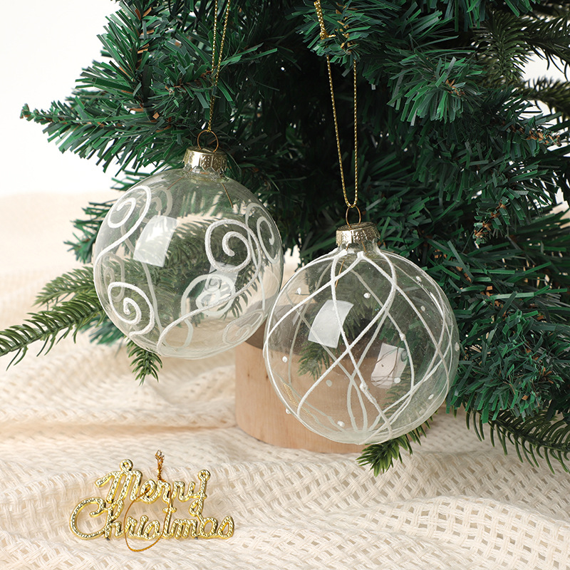 Cross-Border Amazon Transparent Glass Christmas Ball Pendant Hand-Painted Grid Ins-Style Christmas Tree Decoration Ball Ornament