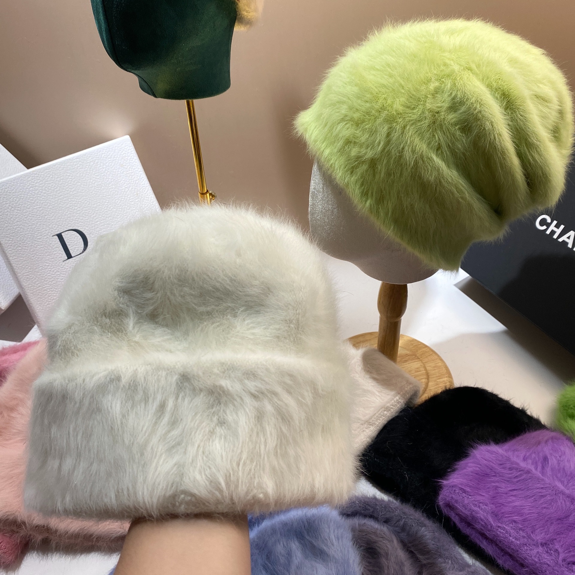 Koreansk plys-hat med to iført pandebånd til varme i efteråret og vinteren, Angora-kaninhår-hat, moderigtigt og_voghion.com