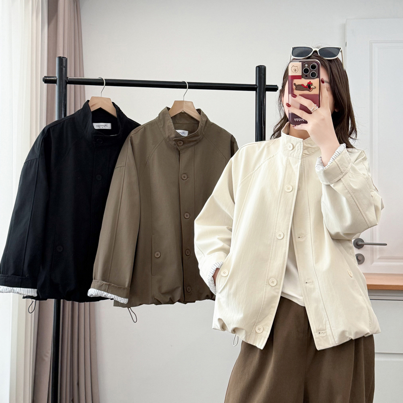 Plus-Size Spring Jacket for Women 2026 New Style 100kg Stand-Up Collar Drawstring Hem Loose Casual Top