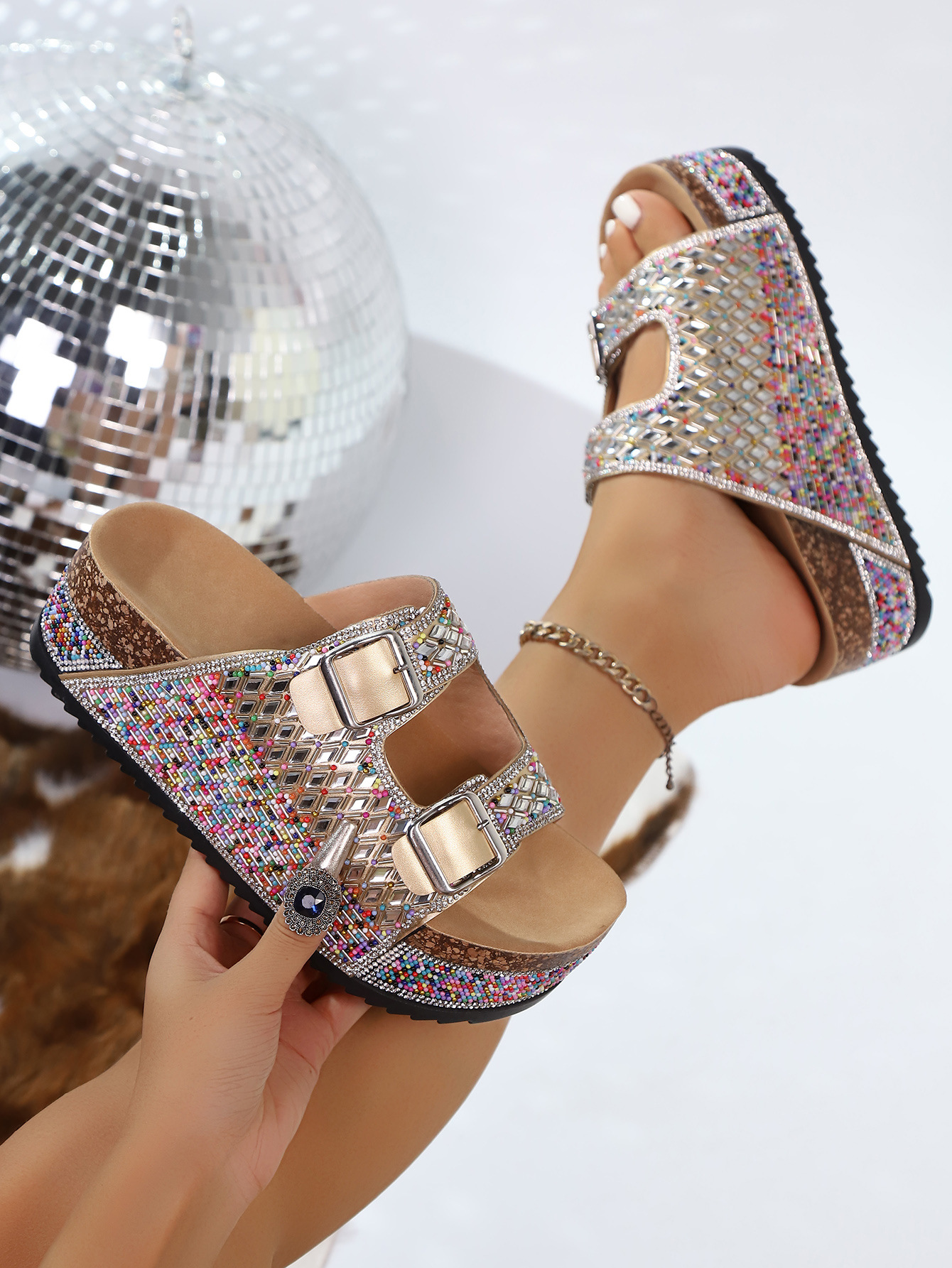 Women's Rhinestone Cork Beach Sandals With Double Buckle Sole_voghion.com