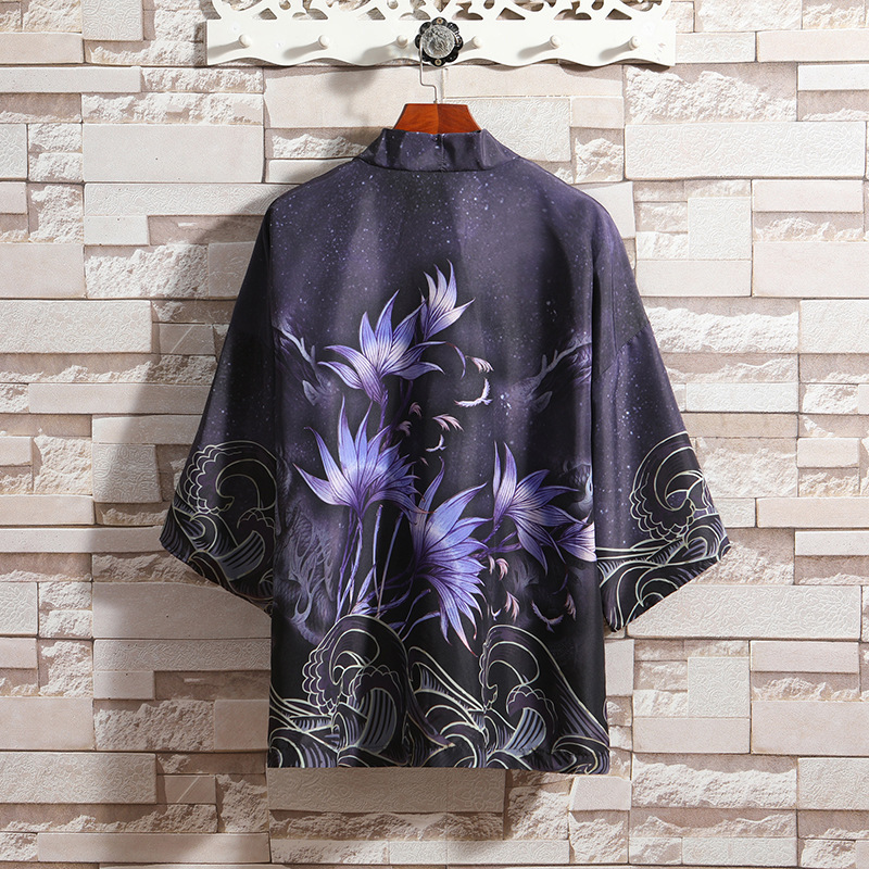 2023 Summer new Chinese style crane kimono cardigan men's Japanese retro plus size printed robe Hanfu men