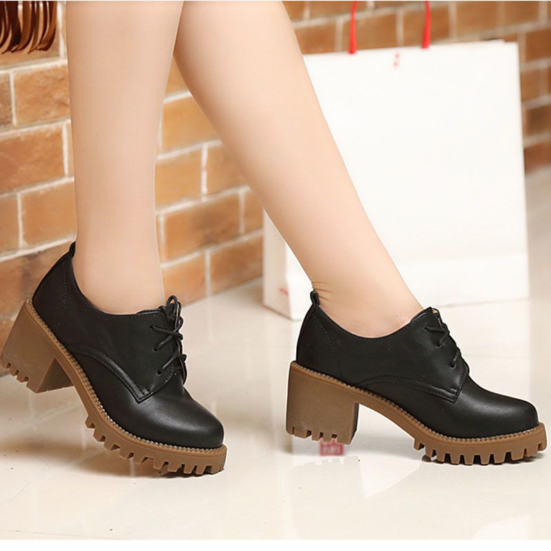 粗跟单鞋女新款秋百搭女鞋新品学院风女单皮鞋高跟鞋带女工鞋