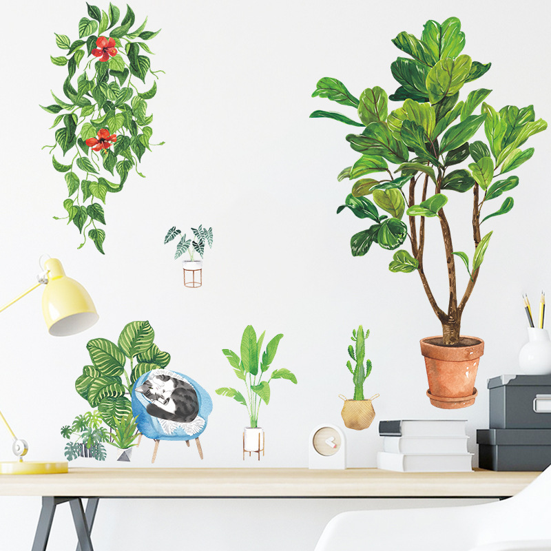 Nouvelles Plantes En Pot Tropicales De Style Coréen Stickers Muraux Chat Vert display picture 4