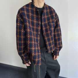 小香风破坏感毛呢夹克男款春秋季短款格子毛边外套痞帅高级感褂子