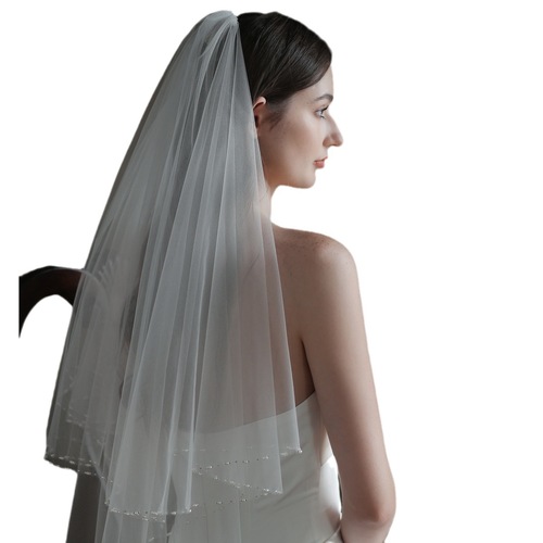 V847 European and American exquisite hand-beaded bridal veil, high-end beige double-layer wedding travel photo style headdress