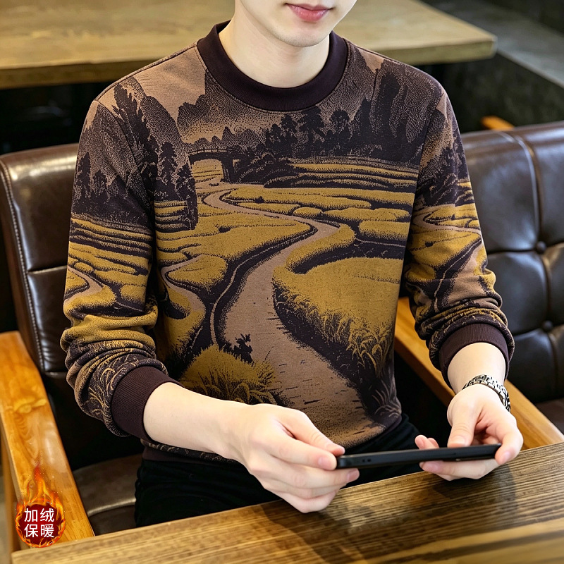 Men's round-neck jacquard sweater, new autumn/winter style, featuring a landscape print, long-sleeved knit, and designed as a warm base layer