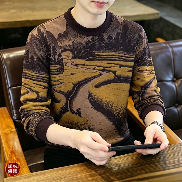 Men's round-neck jacquard sweater, new autumn/winter style, featuring a landscape print, long-sleeved knit, and designed as a warm base layer