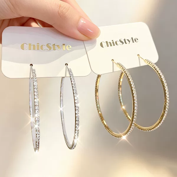 Silver zircon large hoop earrings for women, light luxury design, unique and elegant large circle exquisite earrings