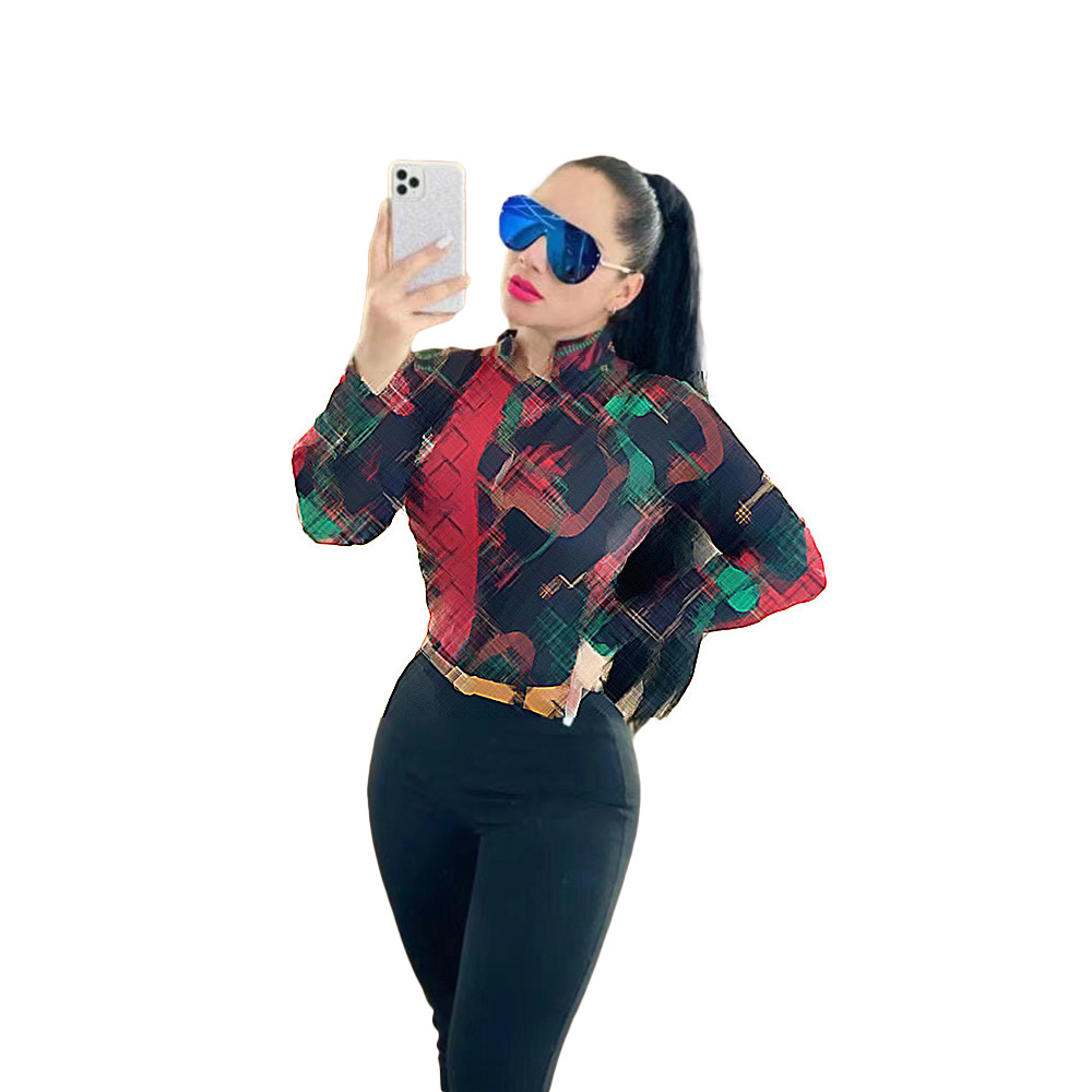 Women's Sexy Elegant Casual Fashionable Printed Button down Long Sleeve Stand Collar Shirt DD0112 New European American Style_ecoleips.com