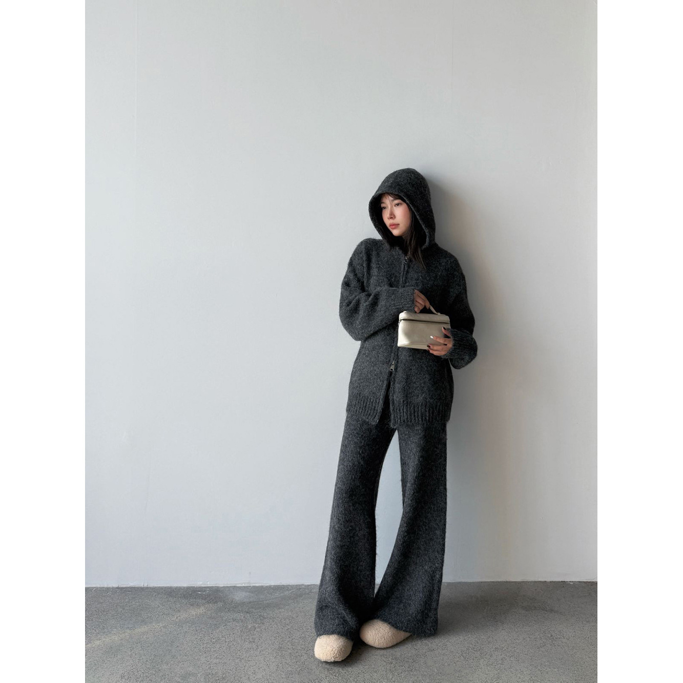 【王琪芝】慵懒加厚拉链针织套装女冬季毛衣毛衣外套+阔腿裤WQ061