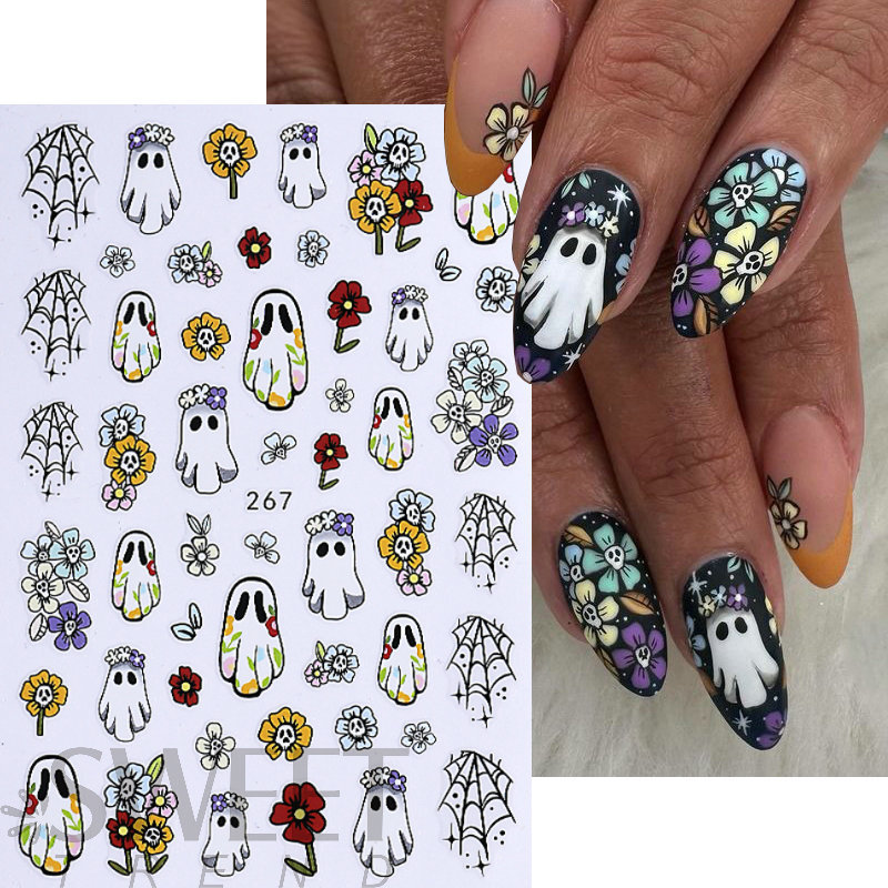 Nuevas pegatinas de uñas transfronterizas, dibujos animados lindos, halloween fantasma, setas, cráneos, rosas negras, pegatinas de uñas