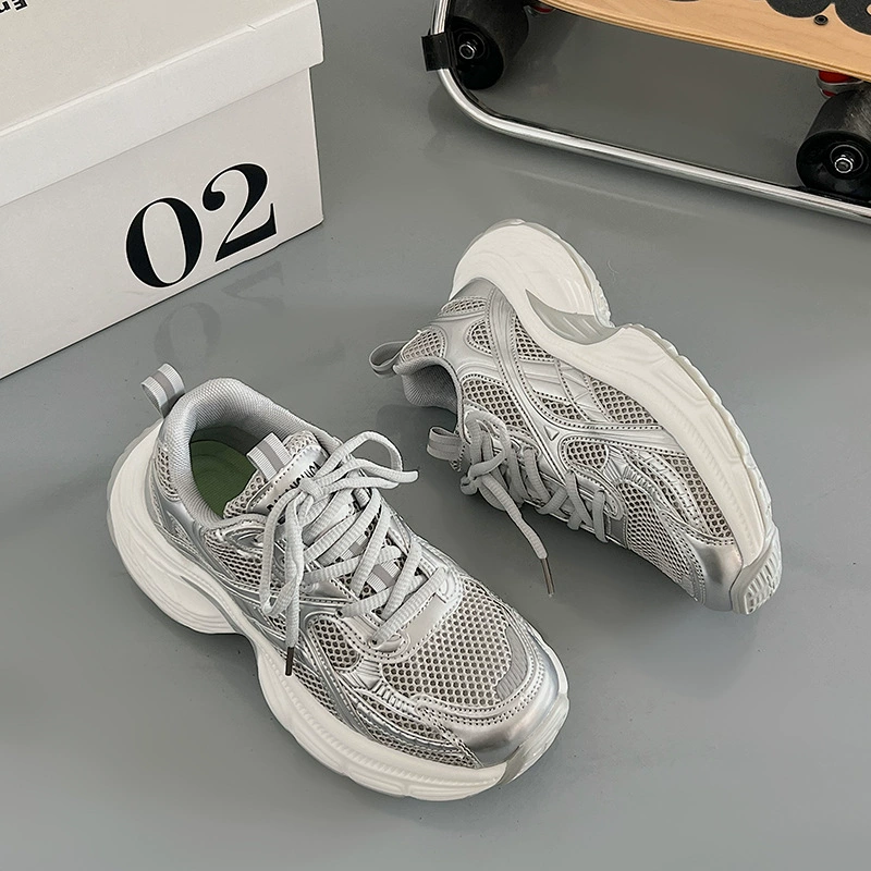 Кроссовки‑платформа «dad shoe», утолщённая подошва, серебристые или чёрные, размеры 36–44