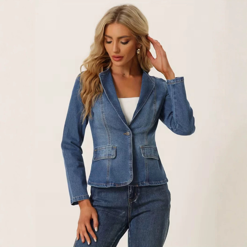 Cross-border European and American slim-fit short denim blazer with lapel, single-breasted, washed and distressed, commuter jacket, trendy for women Cross-border European and American slim-fit short denim blazer with lapel, single-breasted, washed and distressed, commuter jacket, trendy for women