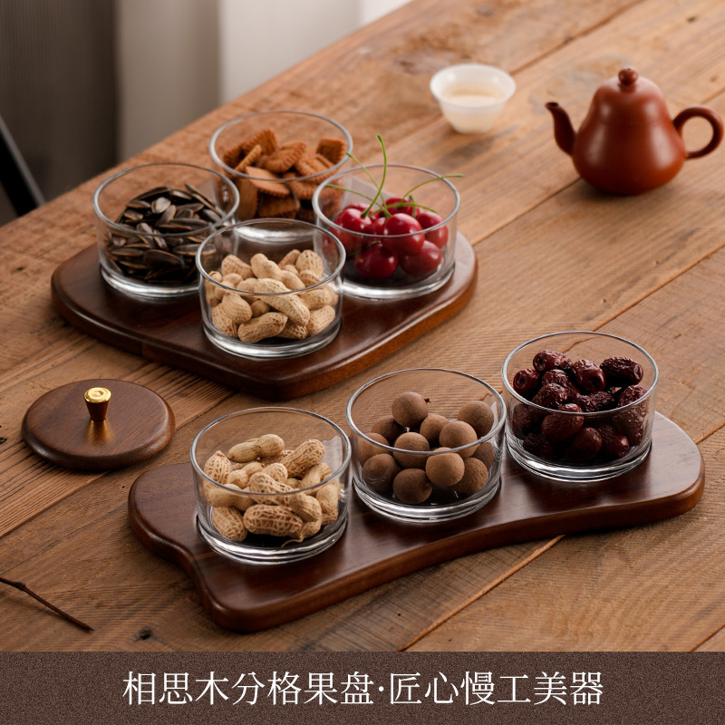 Plato de frutas de madera de amor chino Plato de bocadillos Dim Sum Nueces Frutas Plato dividido con tapa de madera al por mayor
