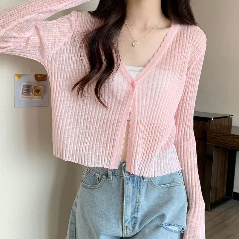 Áo len dệt kim cổ chữ V dài tay mỏng nhẹ chống nắng mùa hè — đen chi tiết 2