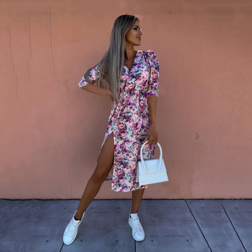 Spring and Summer Fashion Loose-Sleeve V-Neck Waist-Close Print Dress for Women