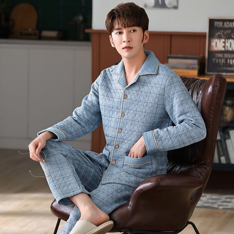 Algodón sándwich calentador hombre pijama otoño invierno engrosado de mediana edad manga larga aire algodón conjunto de ropa para el hogar