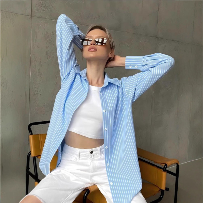 European and American Cross-Border Amazon 2025 Spring, Summer and Autumn New Stripesd Long-Sleeved Cardigan Jacket Women's Russian Women's Shirt