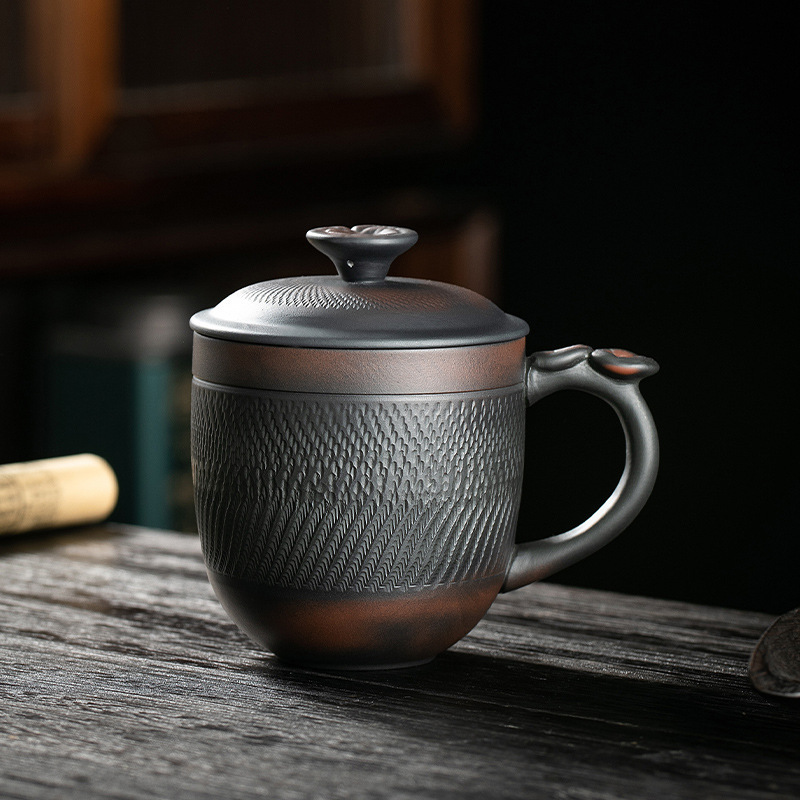 紫陶茶杯男個人専用事務室茶水分離泡杯蓋付き陶磁器パーマ防止マグカップ|undefined