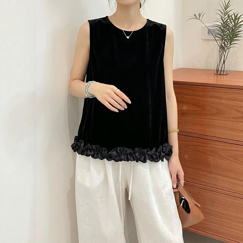 Shenzhen Nanyou 2026 Summer French Style Silk Velvet Hem with Ruffle Design Simple Youthful Sleeveless Top Shirt Shenzhen Nanyou 2026 Summer French Style Silk Velvet Hem with Ruffle Design Simple Youthful Sleeveless Top Shirt