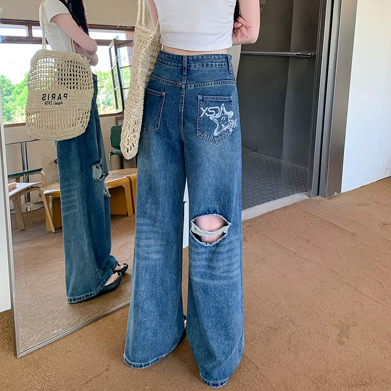 2025 новые американские свободные широкие джинсы для женщин, летний дизайн, высокая талия, рваные прямые брюки, модные