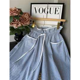 慵懒松弛感蓝色条纹裤子女夏季抽绳花苞腰直筒休闲阔腿裤拖地长裤