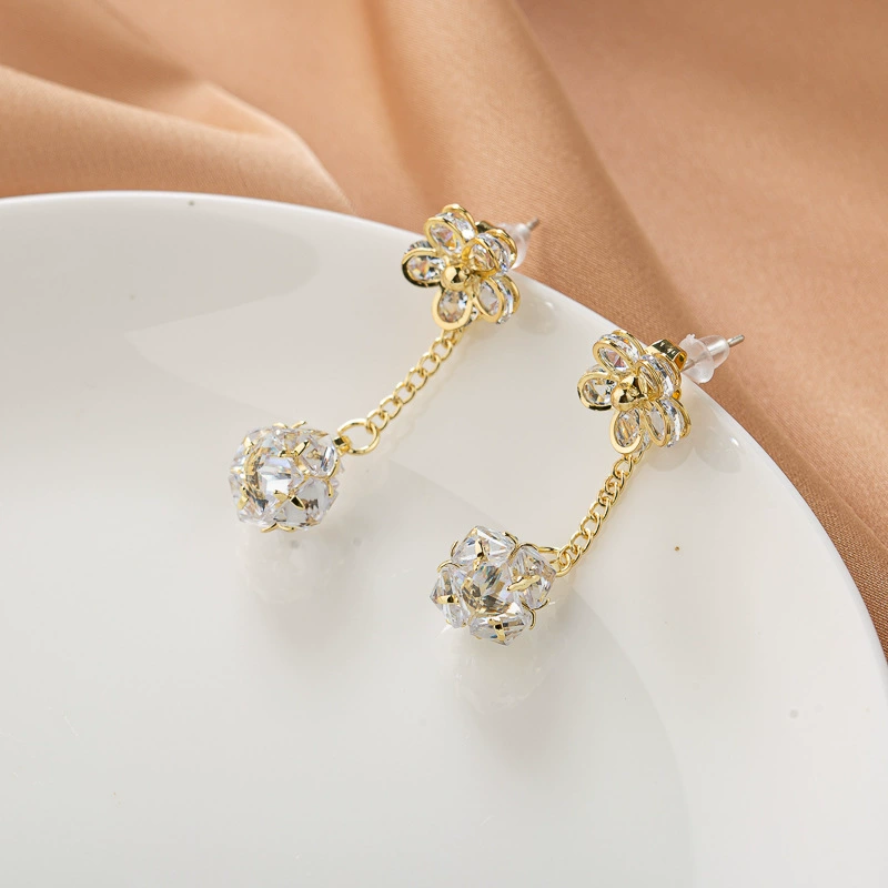 Серебряная игла, металл zirconium, серьги, двойная носка, цветочные узоры, стиль высокого качества, простой и элегантный дизайн