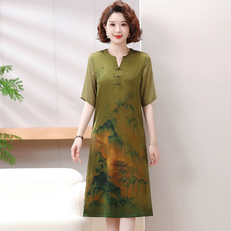 Новое платье для мамы в китайском стиле летом улучшенное платье-чонсам 2025 новое платье для женщин среднего и пожилого возраста с летним принтом