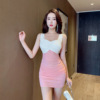 Mesh vest skirt with contrasting color patchwork， buttocks wrapped， tight pleated dress