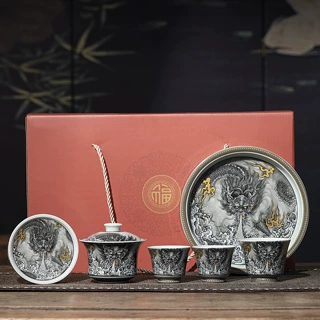 墨龙吐息茶具套组一盖碗三杯功夫茶具陶瓷干泡盘盖碗茶杯伴手礼