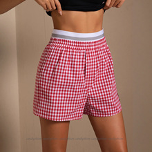 跨境欧美亚马逊女装美式沙滩休闲红白格子高腰短裤松紧腰