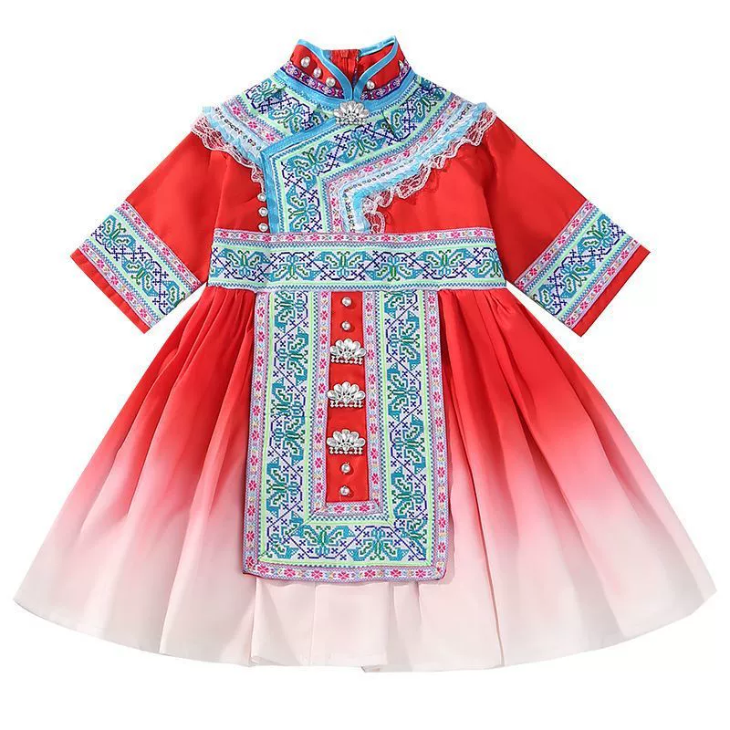 Новые детские костюмы для девочек на День защиты детей 56 этнических меньшинств для детей: высококачественная туристическая фотография этнических групп Миао, Иу, Яо и Хани.