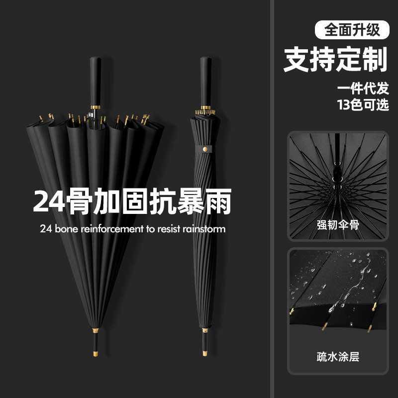 Umbrella 24-Bone Automatic Long Handle Large Wind-Resistant Extra-Large Solid Thick Rainstorm Men's Fiber Business Straight Umbrella for Adults