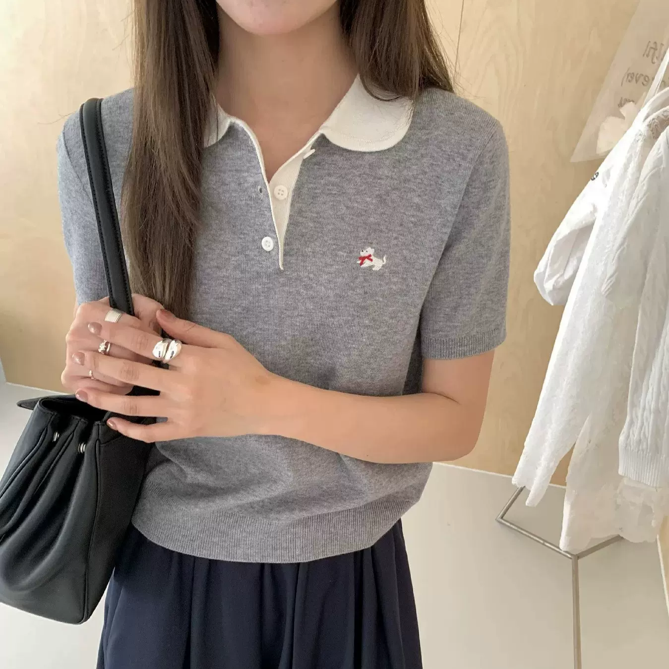 韩系撞色翻领刺绣细羊毛短袖针织衫女春夏新款气质甜美减龄上衣潮