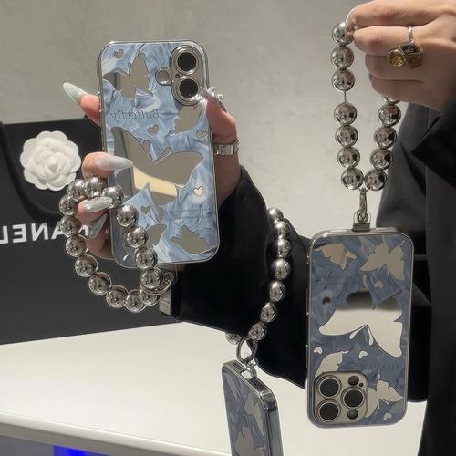 Ins silhouette butterfly suitable for Apple iPhone 16 Pro electroplated mirror surface phone case for women with chain protective cover