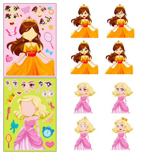 Cross-border 6 sheets per pack Fairy Princess Face Change Puzzle Sticker Princess Face Change Make a Face Puzzle Sticker