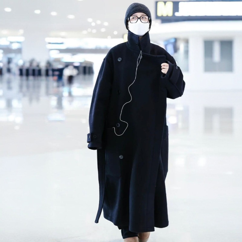 Lem@Ir*Sun Qianjin Minxi's Same Style~Woolen Bathrobe Lace-Up Outwear Long Knee-Length Silhouette Stand-Up Collar Outwear