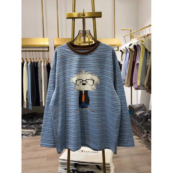 时尚潮牌白发小狗卡通图案条纹Tt恤女装2025秋季新款情侣装上衣服|undefined