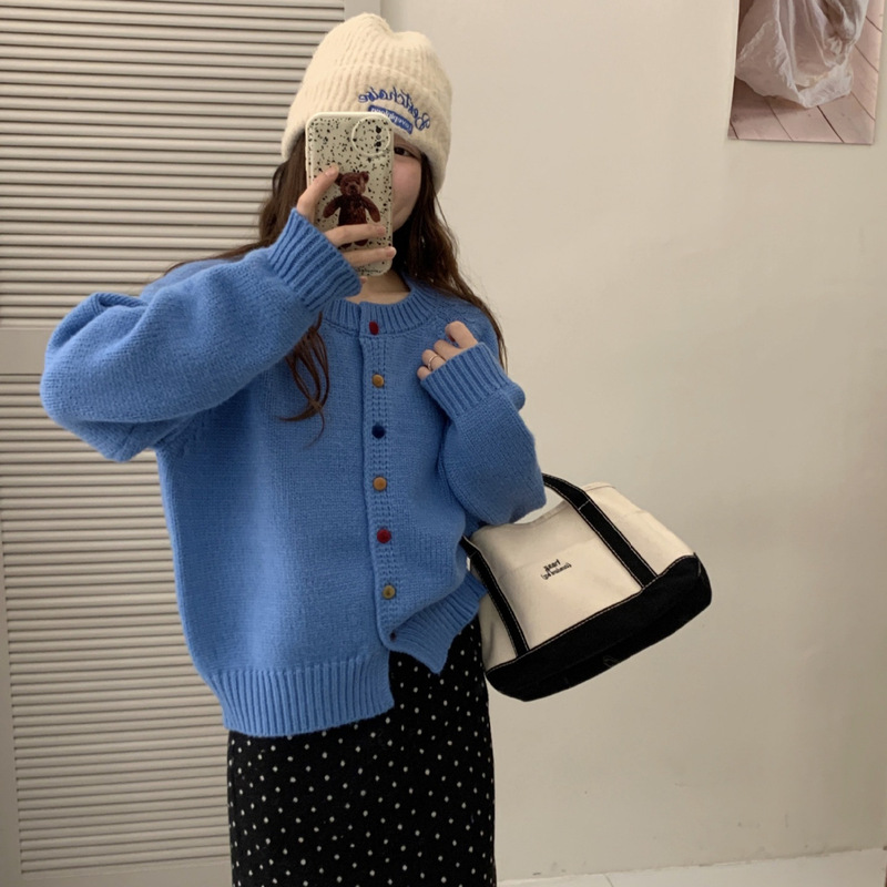 Korean Style Lazy Soft Velvet Button Sweater Jacket for Women Winter 24 New Super Good-Looking Round Neck Raglan Sleeve Knitted Cardigan