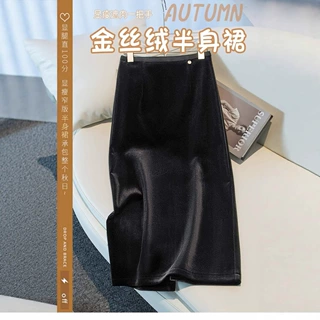 通勤简约金丝绒半身裙女秋冬2026年新款中长裙高腰显瘦直筒包臀裙