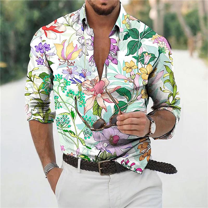 Transfronterizo 2025 primavera y otoño nuevo estilo de los hombres europeos y americanos más el tamaño de la camisa con estampado de plantas de rosas de manga larga
