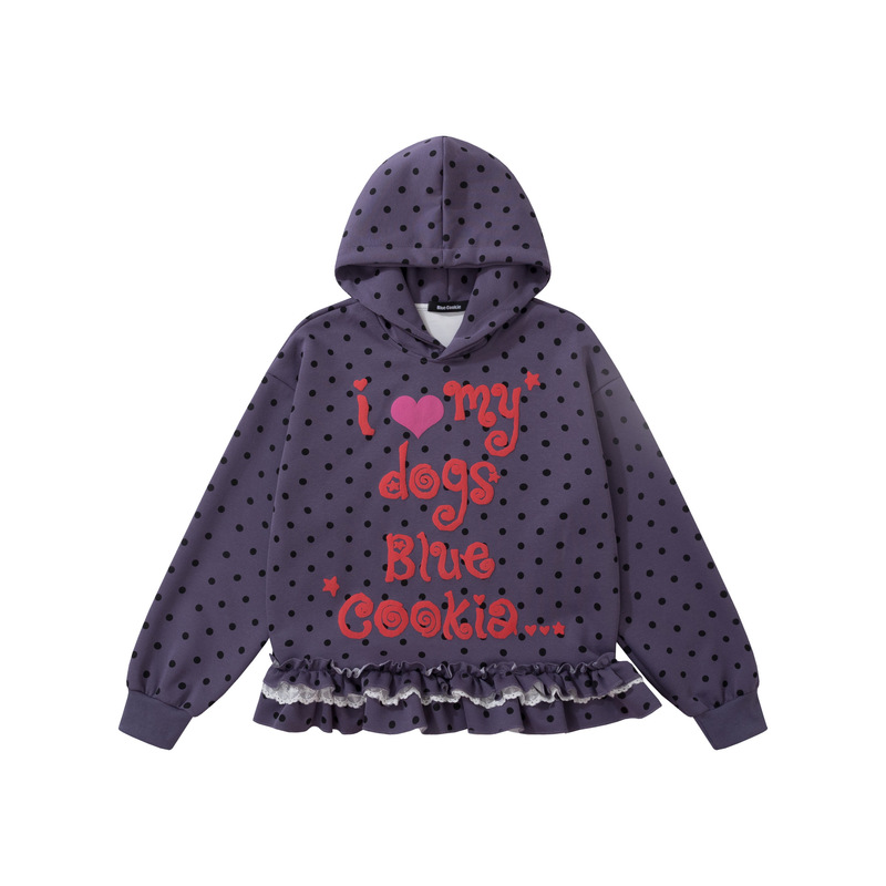 2026 Autumn New Sweet and Cool Polka Dot Lace Hooded Sweatshirt for Women, Loose Casual Versatile Hoodie Top