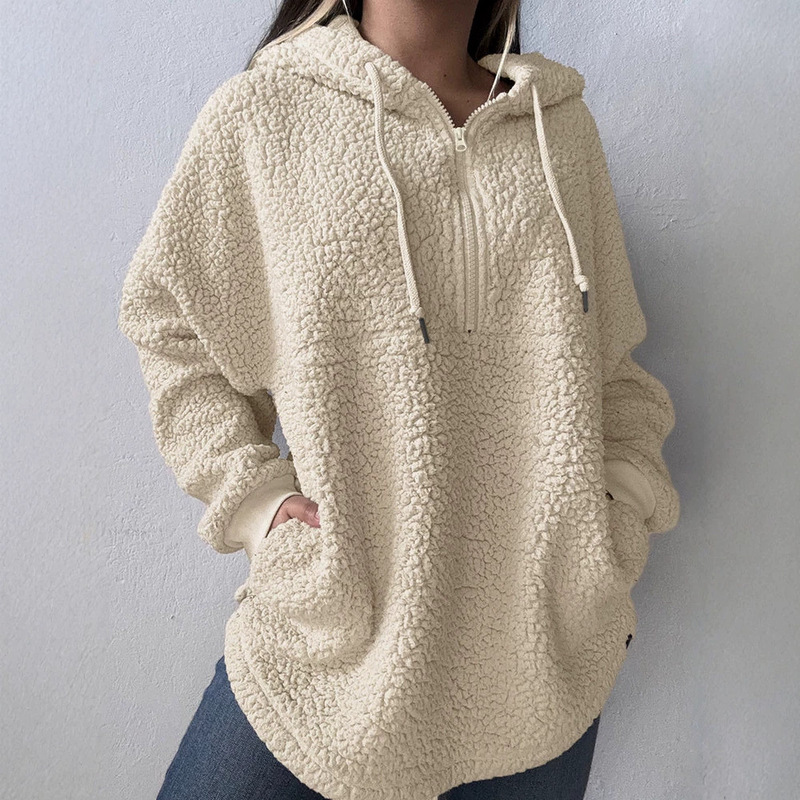Autumn and winter women's half-zip loose-fit teddy fleece hooded sweatshirt, drop-shoulder, loose, warm, casual pullover hoodie Autumn and winter women's half-zip loose-fit teddy fleece hooded sweatshirt, drop-shoulder, loose, warm, casual pullover hoodie